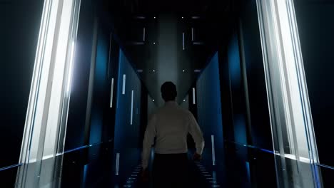 Business-Transformation.-Man-in-Futuristic-Office-Interior-Moving-and-Activating-Hologram.